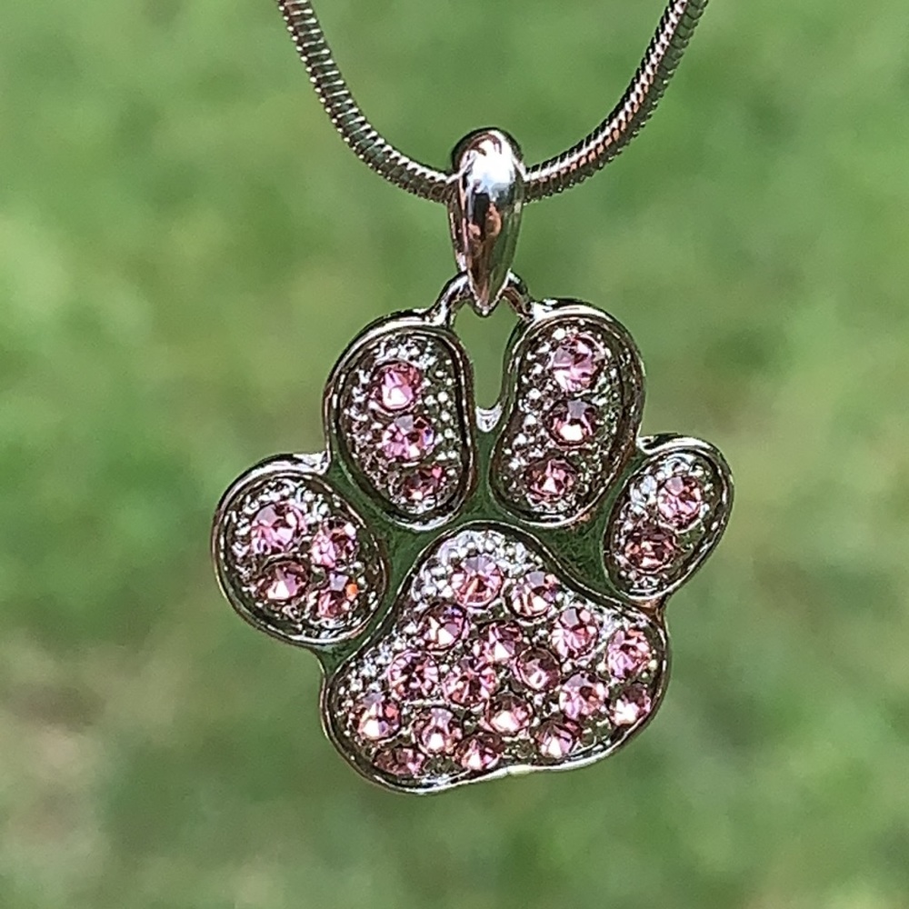 New Rhodium Plated Paw Necklace with Pink Crystals